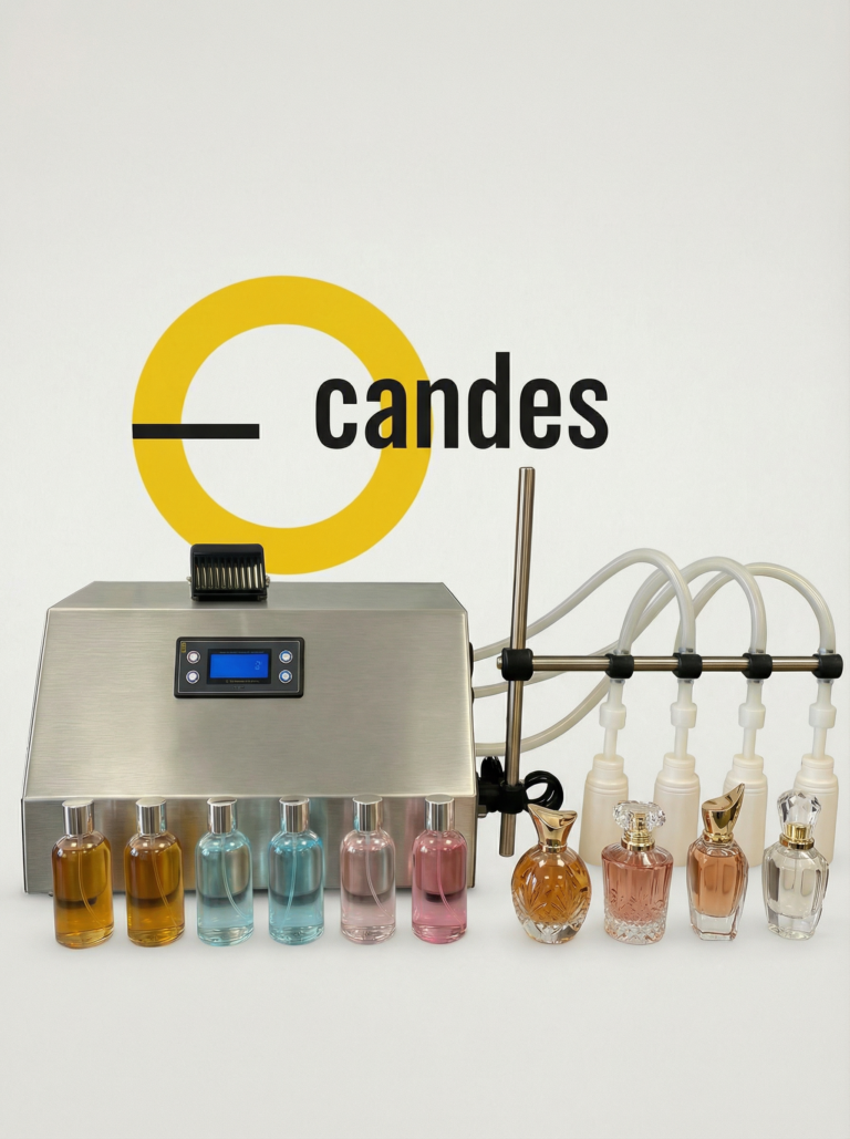 Paslanmaz çelik gövdeli, dört nozullu elektrikli dolum makinesi; otel tipi şampuan, parfüm ve sıvı sabun şişeleri gibi kozmetik ürünlerin hassas dolumu için kullanılıyor